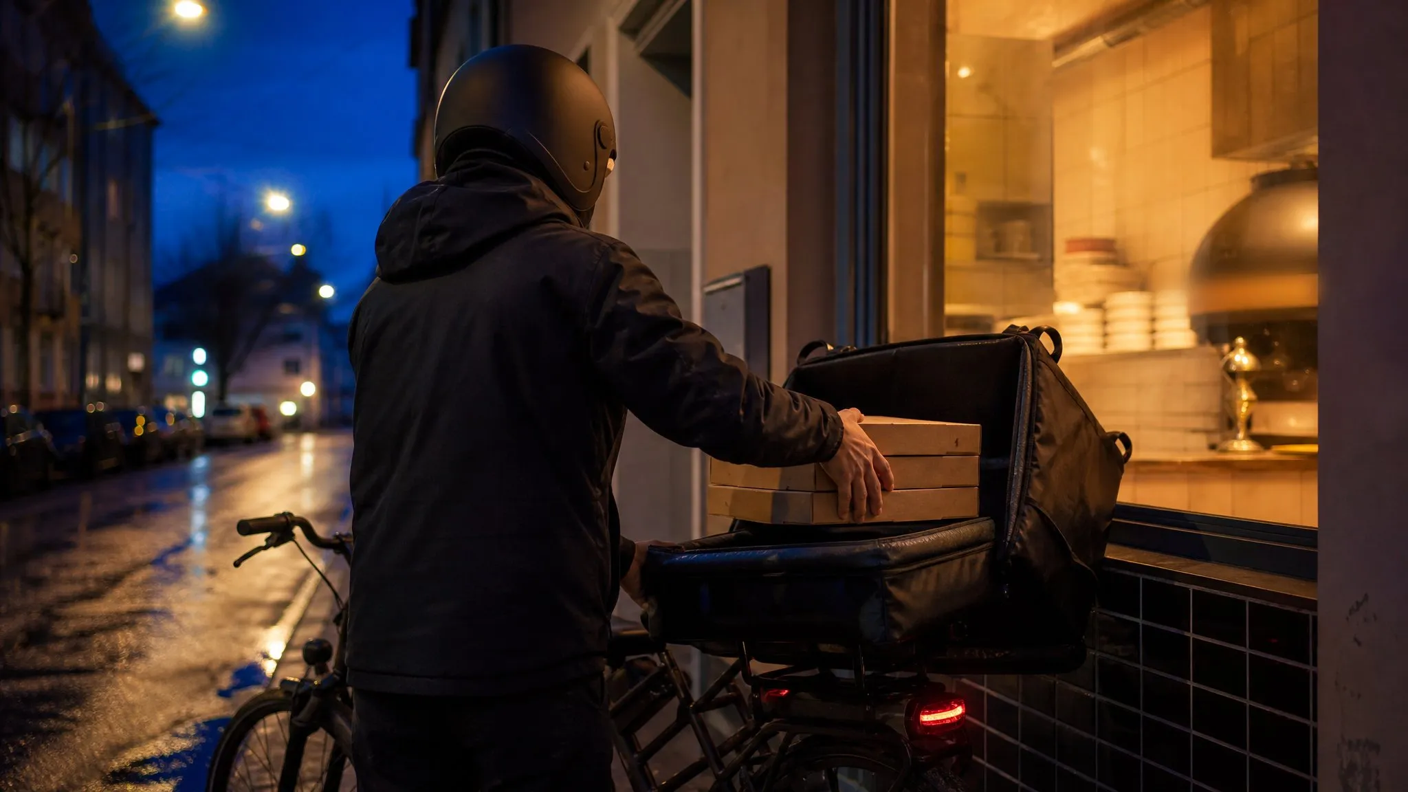 Ein Fahrer schiebt gestapelte Pizzakartons in die Thermotasche auf seinem Rad – blaue Stunde vor der warm erleuchteten Ladenfront